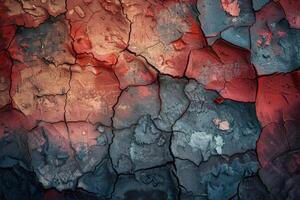 AI generated Red and Blue Cracked Paint Texture on Rough Surface photo