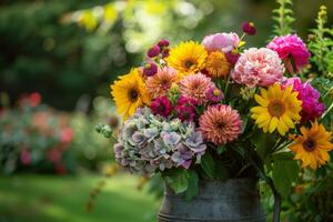 AI generated Rustic Bouquet with Sunflowers and Pink Peonies photo