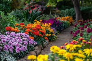 ai generado vistoso flor camas recubrimiento un jardín ruta foto