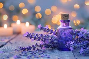 AI generated Lavender Oil Vial Amidst Blooms and Candles photo