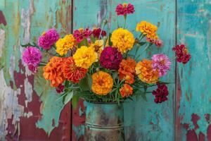AI generated Vibrant Bouquet of Marigolds and Zinnias in Rustic Setting photo