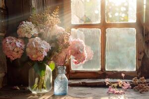 AI generated Vintage Hydrangea Arrangement in Sunlit Room photo