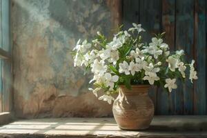 AI generated Sunlit Bouquet of Jasmine in a Clay Vase photo