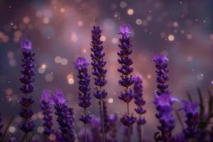 ai generado lavanda flores en contra un espumoso noche cielo foto