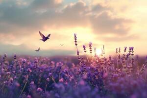 AI generated Hummingbirds Hovering Over Lavender Field at Sunset photo