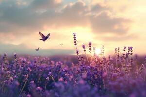 ai generado colibríes flotando terminado lavanda campo a puesta de sol foto