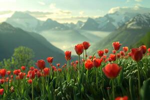 AI generated Red Tulips in Alpine Meadow at Sunrise photo