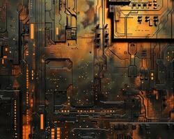 AI generated Futuristic Orange Circuit Board Art photo