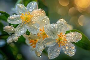 ai generado besado por la lluvia naranja florecer jazmín foto