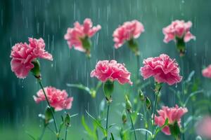 ai generado gotas de lluvia en rosado claveles foto