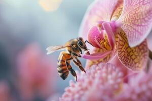 AI generated Bee Pollinating Pink Orchid Macro photo