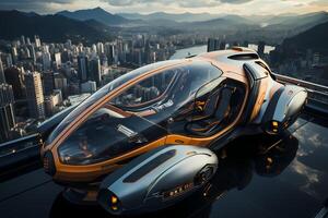 AI generated Futuristic vehicle parked on high ground the background is cityscape far away can be used to supplement advertisements for other product or service related to technology. photo