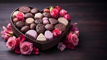AI generated Luxurious Valentine's chocolates in a gentle heart-shaped gift box and flowers with copy space. Can be used to make greeting cards social media post Website or blog, marketing materials. photo