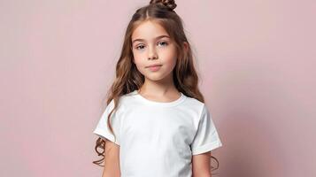 AI generated Girl's White Short Sleeve Round Neck T-Shirt Mockup It is a useful tool for clothing designers to help visualize T-shirts before actual production Save time and money and makes it easier. photo