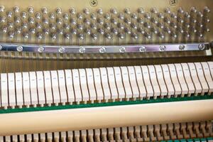 Close-up shallow focus image of the internal mechanisms of an upright piano. It gives a feeling of luxury, beauty, classic, sophistication, elegance. Image can be use for various topics about  music. photo