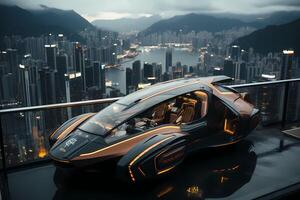 AI generated Futuristic vehicle parked on high ground the background is cityscape far away can be used to supplement advertisements for other product or service related to technology. photo