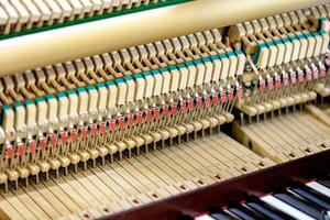 Close-up shallow focus image of the internal mechanisms of an upright piano. It gives a feeling of luxury, beauty, classic, sophistication, elegance. Image can be use for various topics about  music. photo
