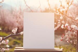 AI generated Small blank white signboard with cute accessories, spring theme. AI Generative photo