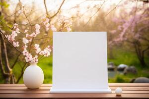 AI generated Small blank white signboard with cute accessories, spring theme. AI Generative photo