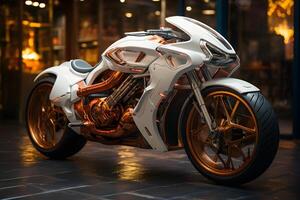 AI generated Beautiful futuristic motorcycle with shiny metal surface is displayed in the showroom. This could be an inspiration for anyone thinking of designing a prototype car to build on. photo