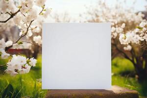 AI generated Small blank white signboard with cute accessories, spring theme. AI Generative photo