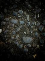 A collection of rocks scattered on the ground, varying in size, shape, color, and texture. photo