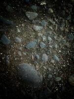 A collection of rocks scattered on the ground, varying in size, shape, color, and texture. photo
