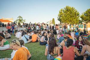 Lisbon, Portugal. 17 June 2023. People sitting on lawn during LGBTQAI pride event photo