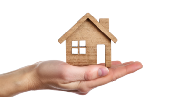 AI generated hand holding wooden house on transparency background png