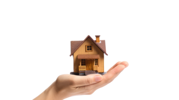 AI generated hand holding wooden house on transparency background png