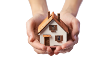 AI generated house in hands on transparent background png