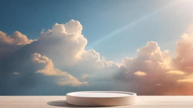 ai generado vacío podio en el antecedentes de azul cielo con nubes 3d hacer foto