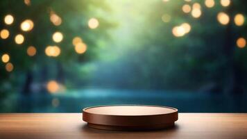 AI generated Empty round podium on wooden table and bokeh background. Mock up, 3D Render photo