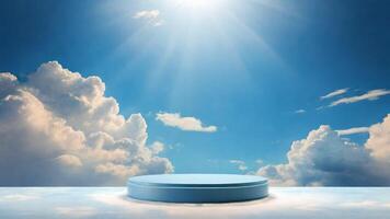 AI generated 3d render of blue podium with sun rays and clouds in the background photo