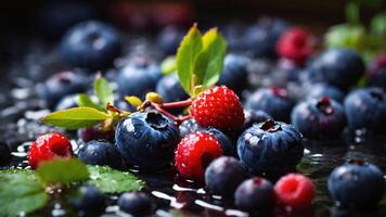 AI generated Blueberries, raspberries on dark background photo