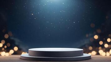 AI generated Black podium on wooden table and bokeh light background. 3d render photo