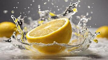 ai generado limón en agua chapoteo en gris antecedentes. agrios fruta. foto