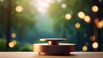 AI generated Wooden podium on wooden table in front of blurred background. 3d render photo