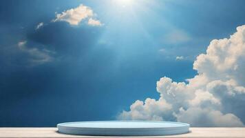 ai generado vacío podio en azul cielo antecedentes con nubes y Dom. 3d hacer foto