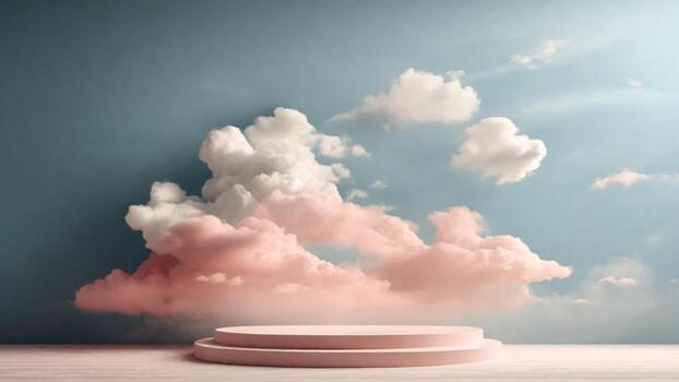 ai generado resumen escena rosado podio Bosquejo con nubes y cielo. 3d hacer foto