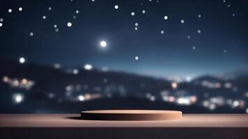 AI generated Wooden podium on night city starry background. Mock up, 3D Render photo