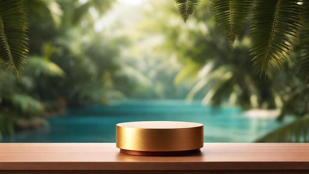 ai generado oro podio en un de madera mesa en frente de un nadando piscina, 3d hacer foto