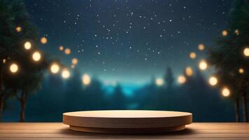 AI generated Wooden podium on the bokeh light background of night forest. 3d render photo