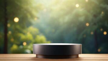 AI generated Black round podium on wooden table in front of blurred forest bokeh background. 3d render photo