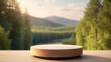 AI generated Wooden podium on a wooden table against the backdrop of a beautiful forest landscape photo