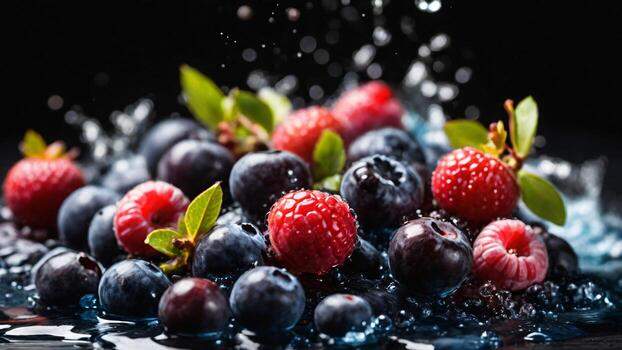 ai generado Fresco arándanos y frambuesas con agua gotas en negro antecedentes foto