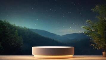 AI generated 3d render of a product display podium on a table in front of a mountain landscape photo