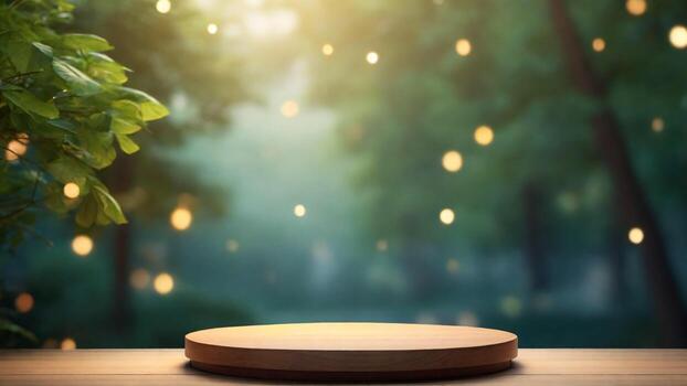 ai generado de madera producto estar en de madera mesa en frente de borroso bosque antecedentes. foto