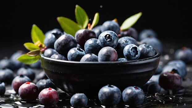 ai generado Fresco arándanos en un cuenco en negro antecedentes con Copiar espacio foto