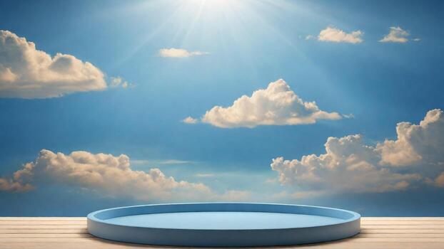ai generado azul podio en azul cielo antecedentes con nubes 3d hacer foto